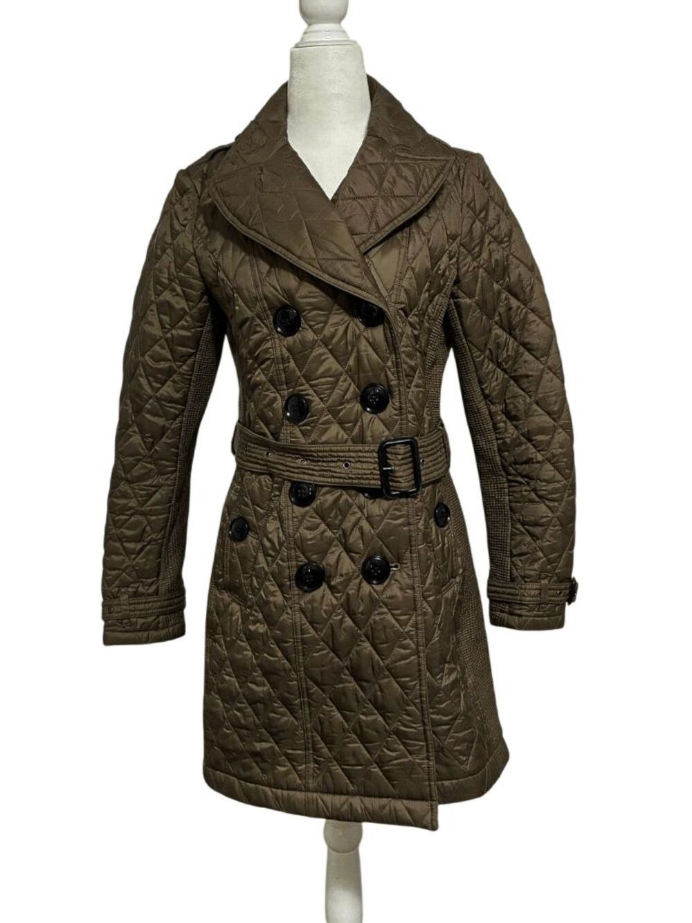 Burberry Brit Goldsmead Diamond Quilted Belted Coat Olive Green Women's Small